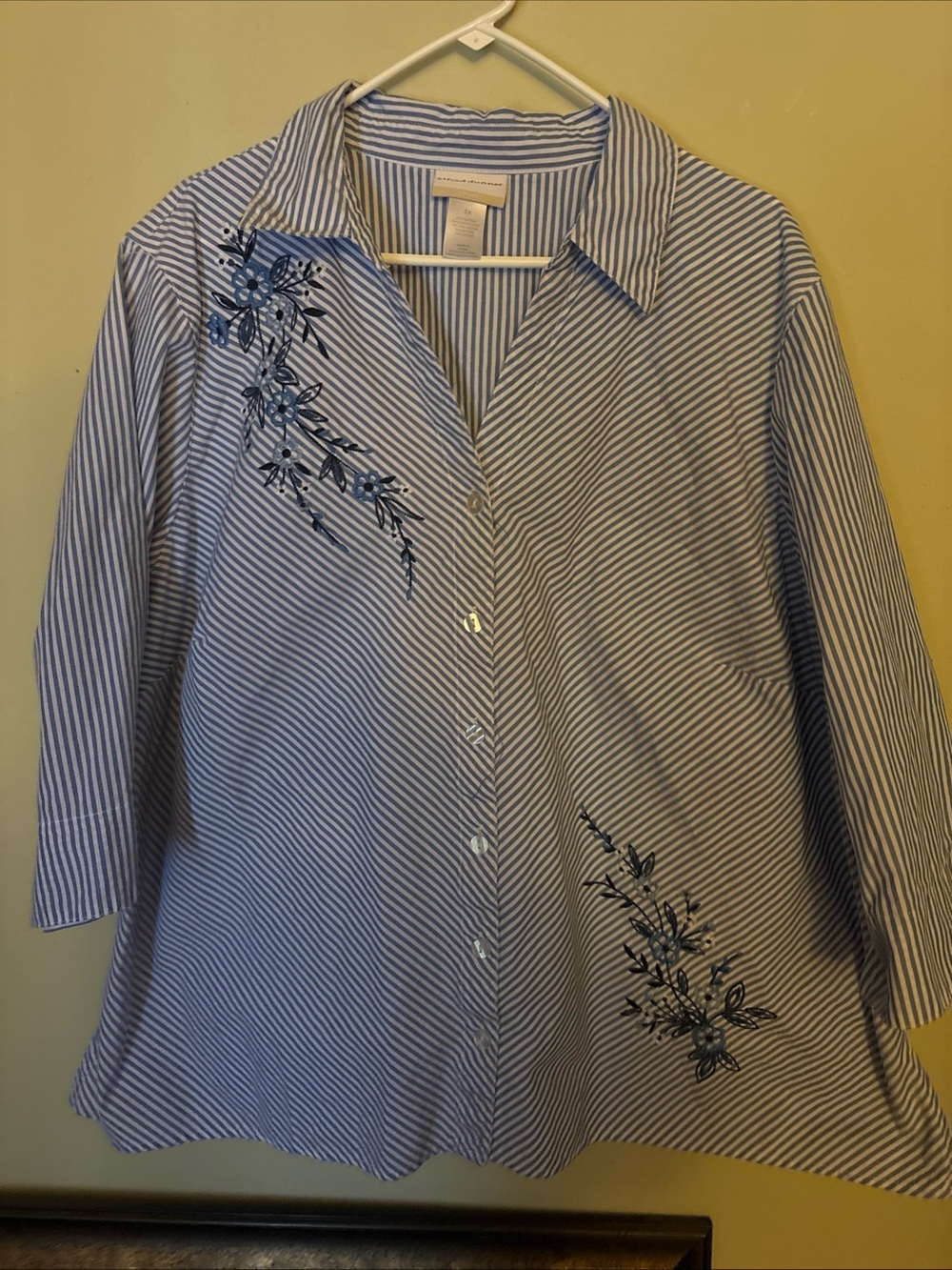 Emilia Stripe Button-Down Shirt with Blue Floral Embroidery - Blue/White